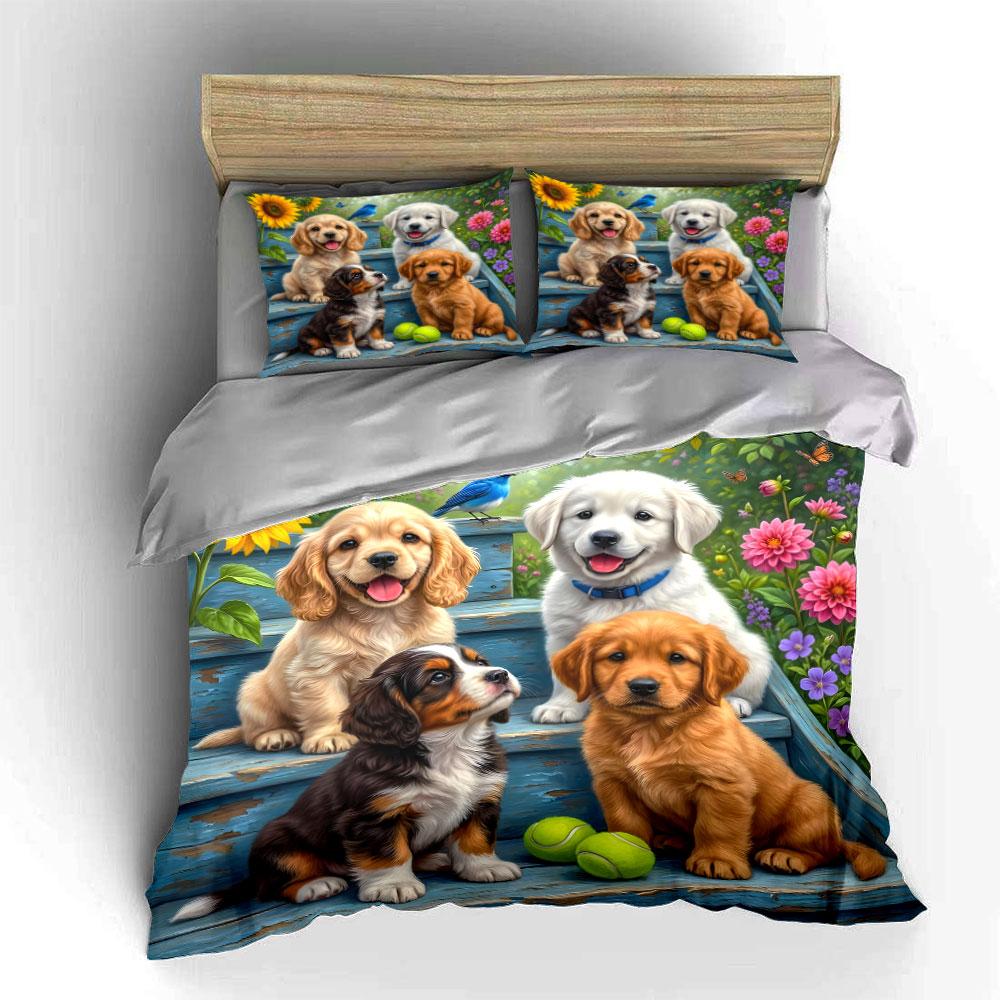 Cute Puppies with Flowers Bedding Duvet Cover Set (1*Duvet Cover 2*Pillowcases, Without Duvet Insert)