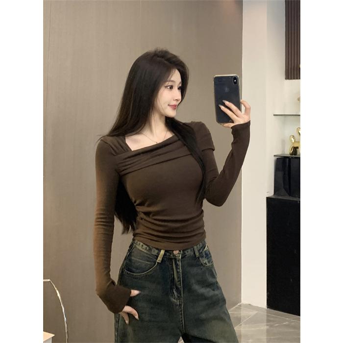 Women's Off Shoulder Asymmetrical Neck Long Sleeve Top Slim Fit Elegant Commuter Solid Color Brushed Fleece Fall Skinny Base Layer T-Shirt