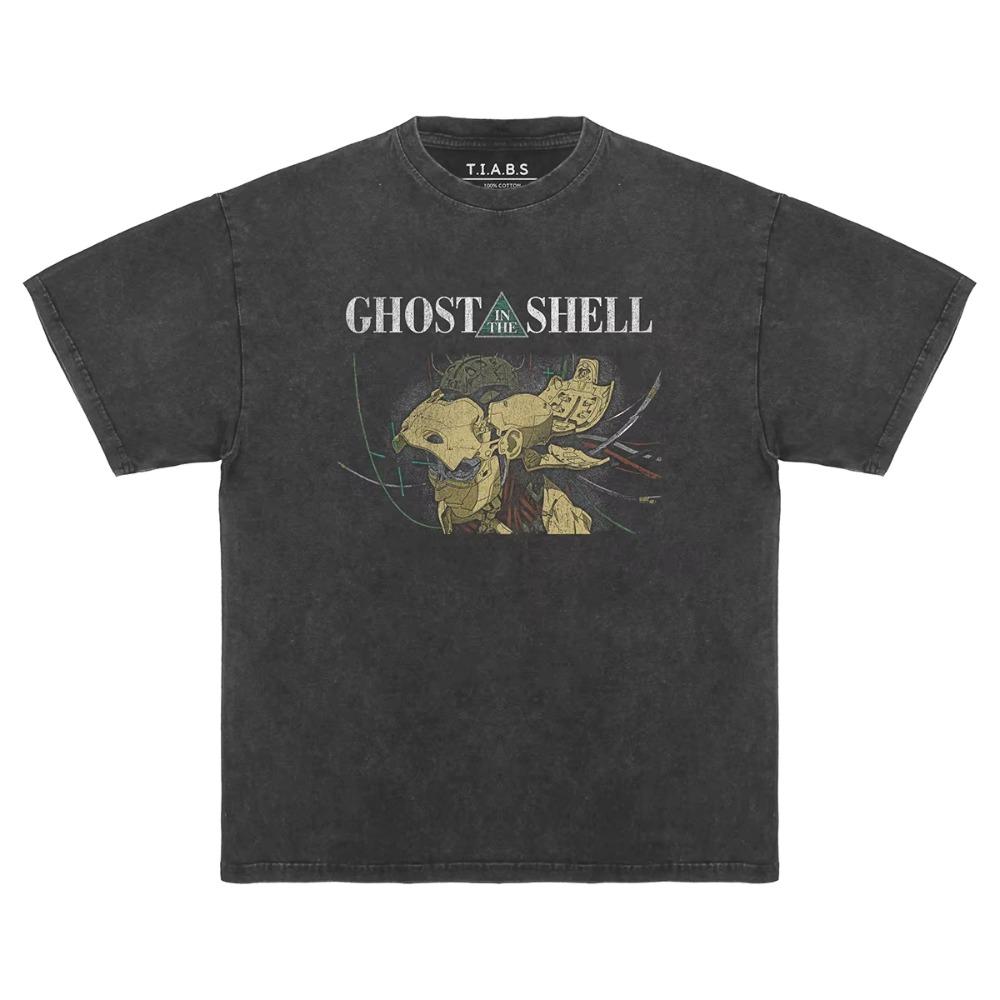 Ghost in The Shell T-Shirt Japanese Anime Masamune Shirow Akira Washed Loose Drop Shoulder Retro Men Casual Top Streetwear Vintage Fashion L