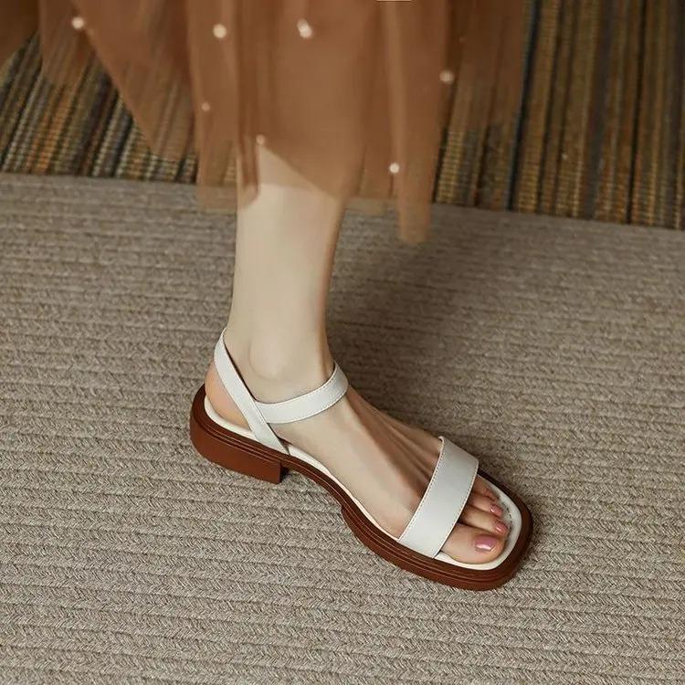 Summer Women Sandals Low Heels Basic Genuine Leather Office Ladies Casual Outdoor Shoes Woman Concise