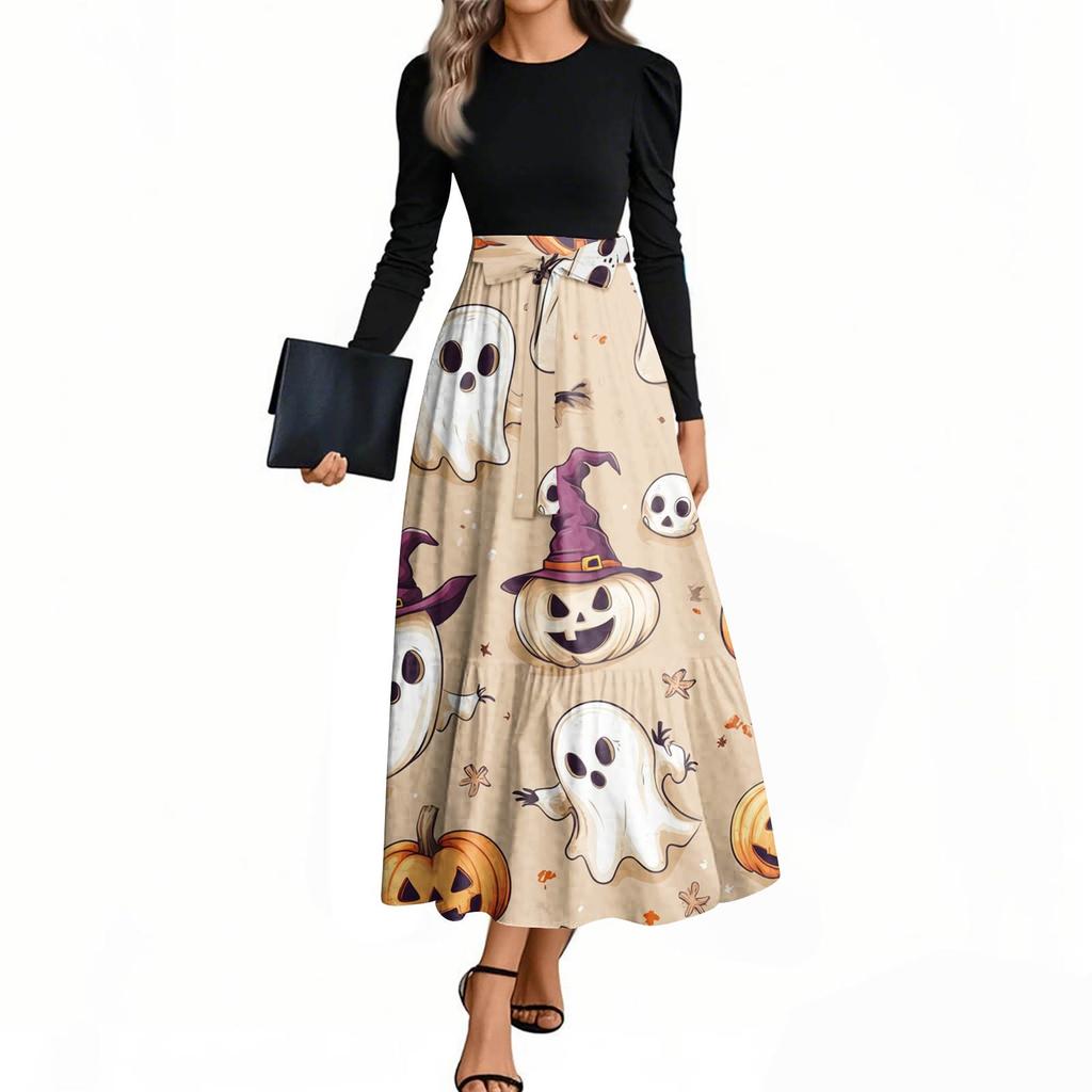 Women's Fashion Casual Belted Long Sleeve Round Neck Halloween Printed Elegant Temperament Dresses