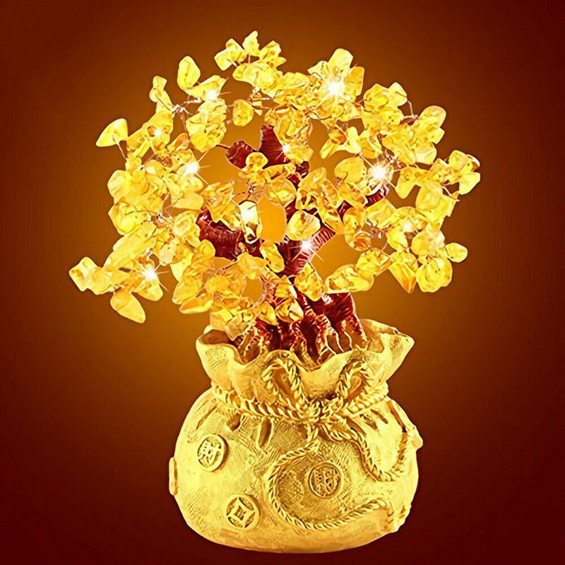 Exquisite Feng Shui Money Tree Featuring Yellow Citrine And Amethyst Crystal Leaves