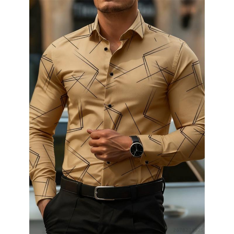 Herren Trendiges geometrisches Linienmuster Langarmhemd Business Casual Mode Design Slim Fit Bügelfrei Vielseitig Ins Style Hemd