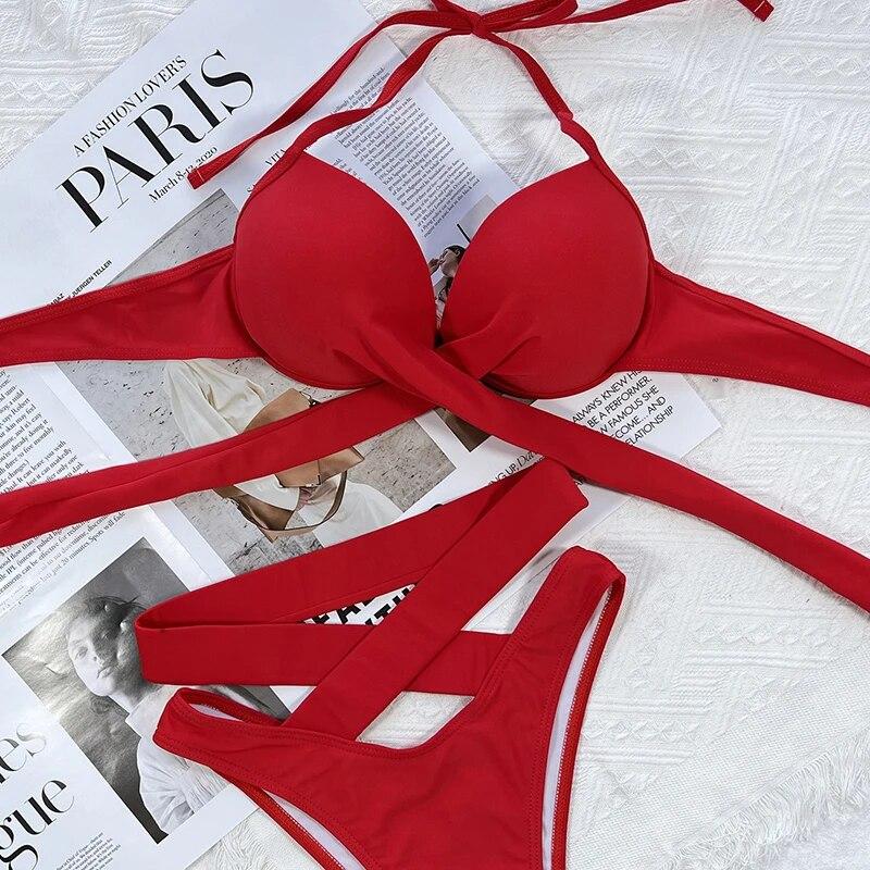 Mulheres cinta gravatas conjunto de biquíni feminino maiô 2 peças sexy roupa de banho praia