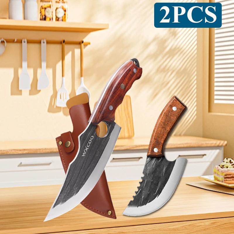 WXCOO Stainless Steel Kitchen Knife with Wooden Handle Multifunctional Butcher Knife Sharp Edge Hand Forged Butcher Knife