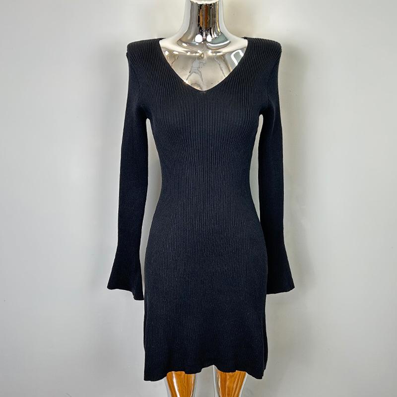 

Korean Dongdaemun Women s V-Neck Knit Waist-Cinching Dress One Size чёрный