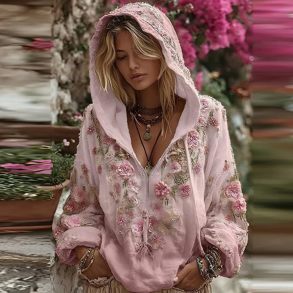 Damska Moda Bluza z Długim Rękawem z Kapturem w Stylu Vintage z Nadrukiem Kwiatowym Casualowa