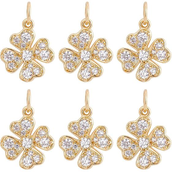 Beebeecraft 6Pcs/Box Four Leaf Clover Charms 18K Gold Plated Brass Good Luck Pendant Cubic Zirconia St. Patrick's Day Shamrock Charm for Jewelry