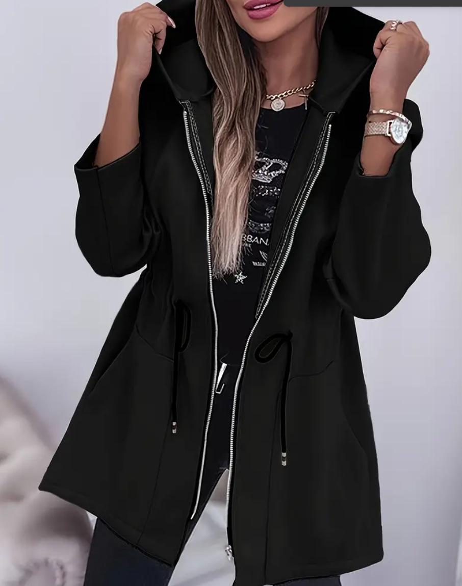 

Європейська та американська жіноча мода Куртка середньої довжини з капюшоном на блискавці та приталеною талією M чорний