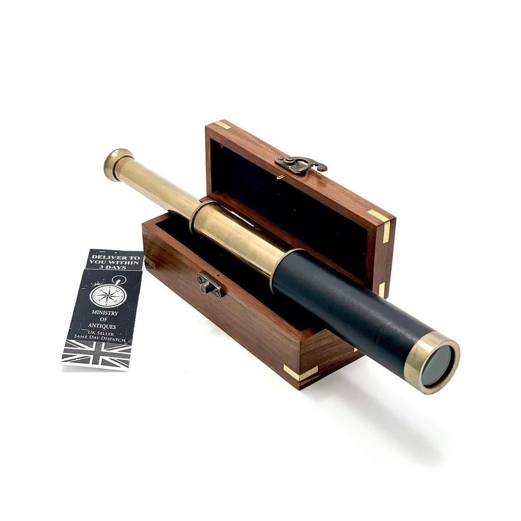 Antique Design Telescope Handheld, Wooden Box Optic Nautical Pirate Scope Spyglass, Leather Covered Telescope with Anchor Engraved Box