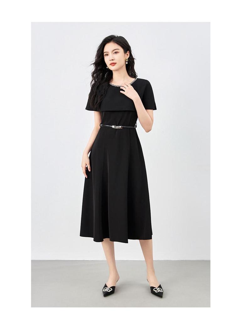 French Design Black Mid-Length Socialite Cape Dress for Women