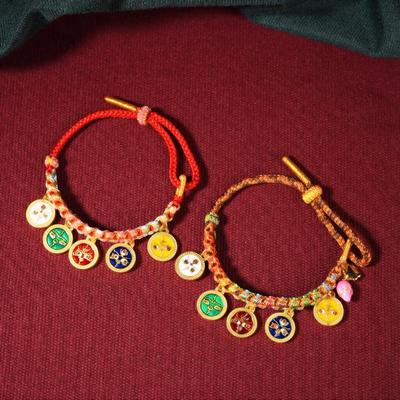 Handgeknüpftes Pan Chang Knoten Armband mit Anhänger der Fünf Glücksgötter, geeignet zum Aufhängen an Thangkas oder als vielseitiges geflochtenes Handseil.