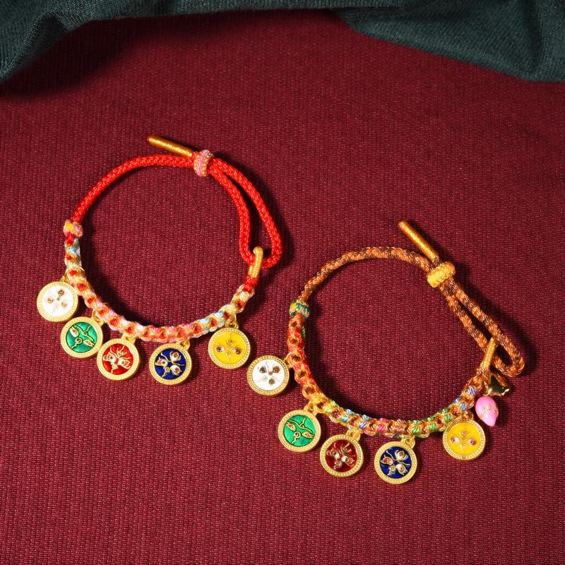 Hand-Woven Pan Chang Knot Bracelet with Five Gods of Wealth Tag, Suitable for Hanging On Thangka or As a Versatile Braided Hand Rope.