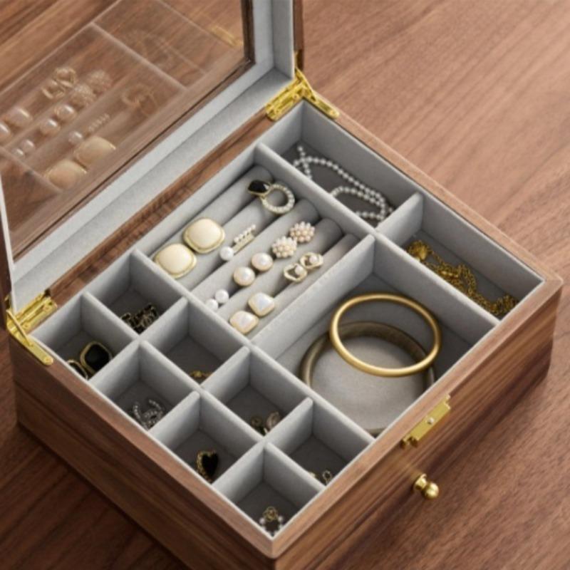 Retro Jewelry Trinket Box Large Capacity Bracelet Storage Boxes Transparent Glass Jewellery Display Cases Wooden Rings Case
