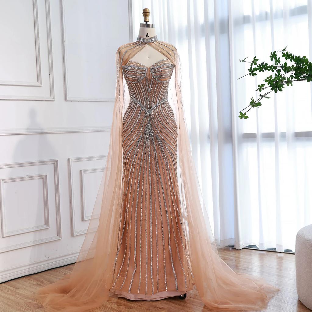 Nude luxury beads flying sleeves dignified atmosphere host art test solo evening dress dress LA11118