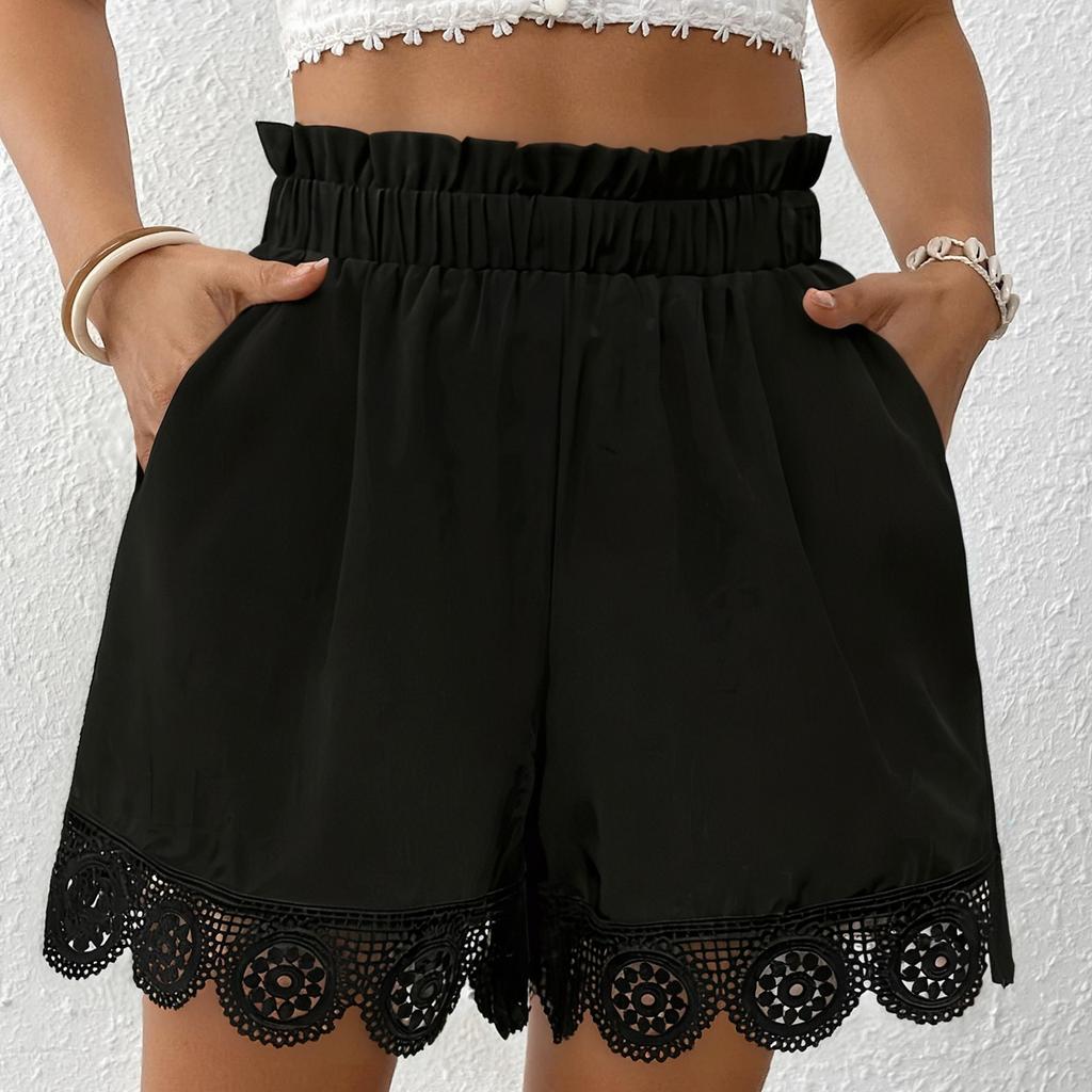 Women's Summer Lace Hem Solid Color High Waist Casual Shorts Beach Shorts