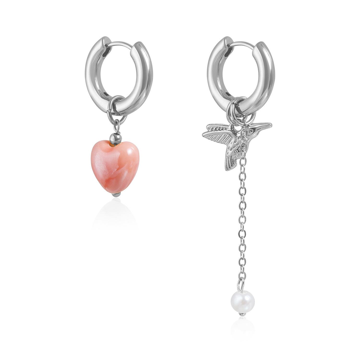 

Retro Trendy Geometric Stereo Pink Heart-shaped Bird Pearl Tassel Asymmetrical Dangle Earrings for Women Jewelry Accessory Gifts срібний
