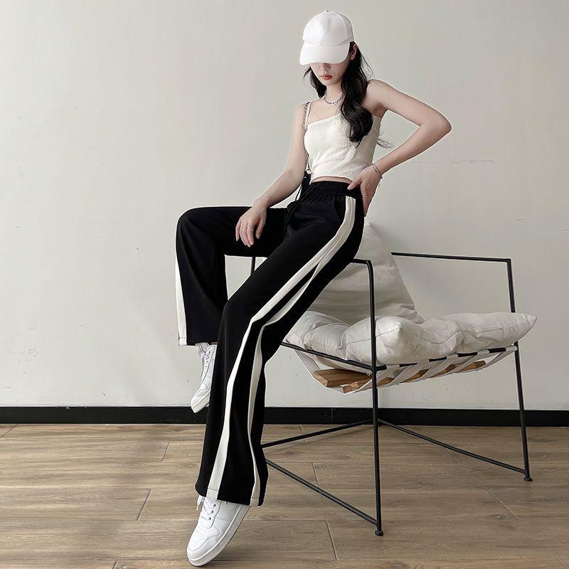 Pantalon pour femme en soie glacée noire, taille haute, jambe large, pantalon décontracté droit, pantalon de survêtement rayé grande taille