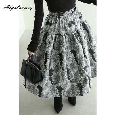Korean Fashion Autumn Winter Women Jacquard Skirt High Waist Floral Ball Gown Skirt Elegant Feminine Chic Midi Skirts Womens