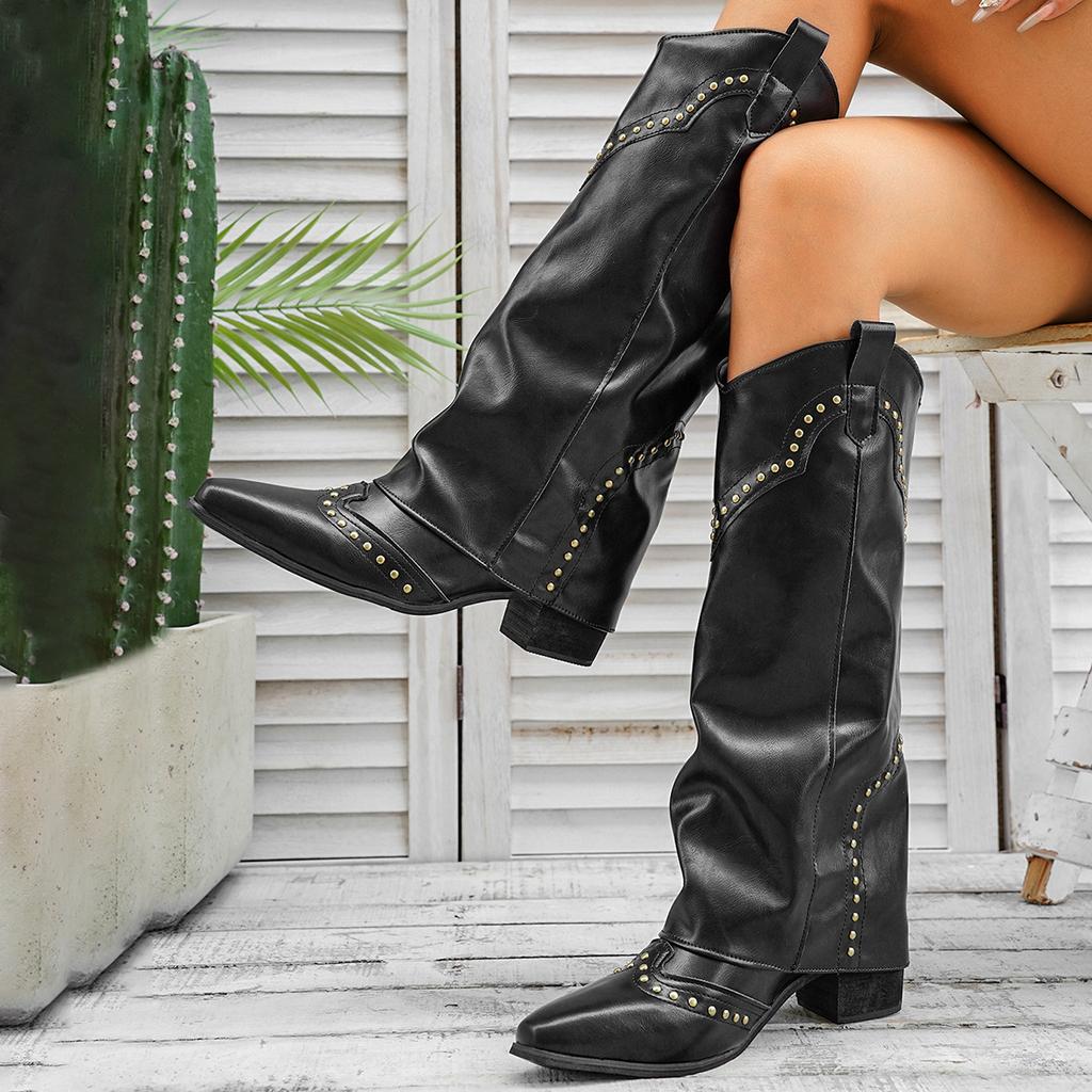 Fashion Women's Autumn New Large-sized Mid-heel Women's Boots, British-style Fashion Boots with Rivets and Knee-length Boots
