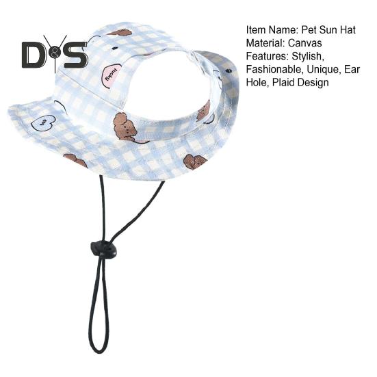 Dog Bucket Hats with Ear Holes Plaid Design Round Brim Outdoor Sun Hat UV Protection Fisherman Cap with Adjustable Strap for Small Medium Dogs Cats