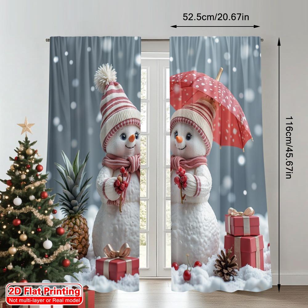 2pcs 2D flat printing Merry Christmas Scene Curtains Christmas Snowmen Merry Winter Fun 100% Polyester Without Electricity