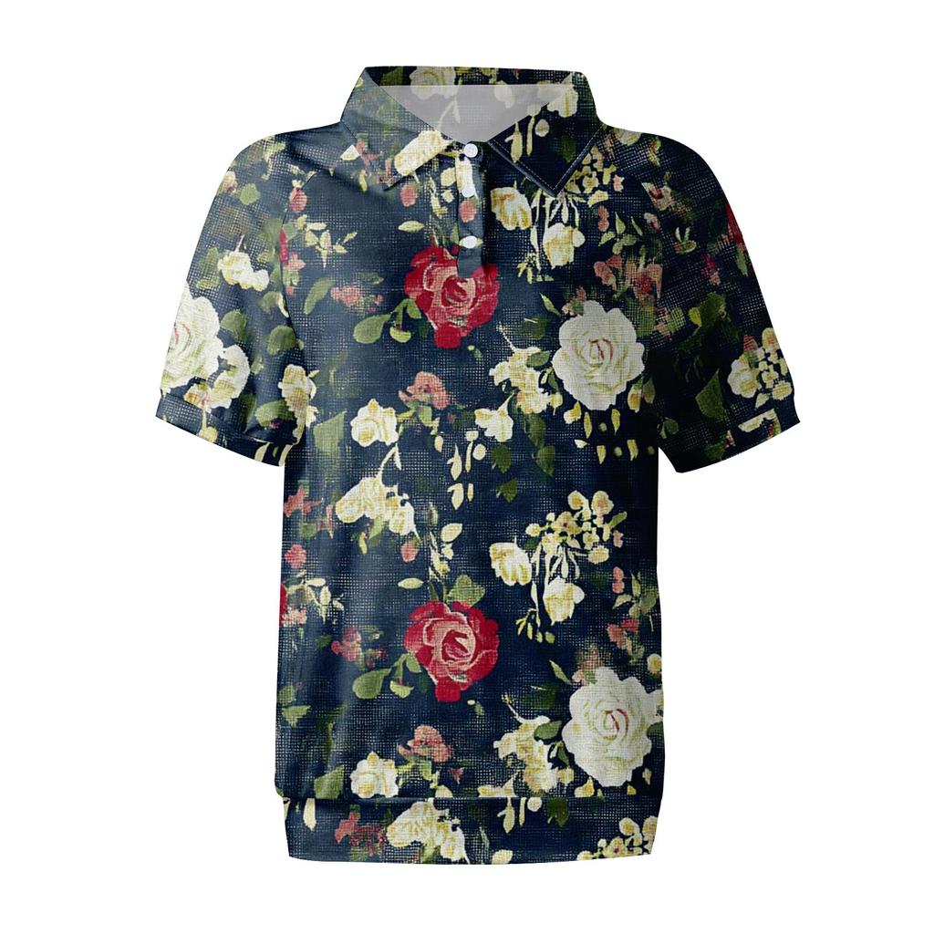 Damen-T-Shirt mit lässigem Blumendruck, V-Ausschnitt, kurzen Ärmeln und dekorativen Knöpfen