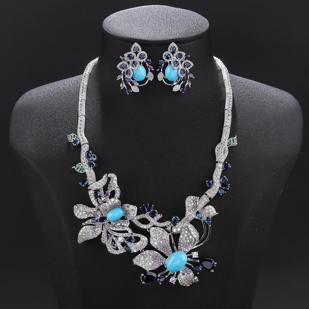Beautiful Luxury 2 Pcs Cubic Zircon  Flower Necklace Earrings Set Women Wedding Party Jewelry Set CN11573