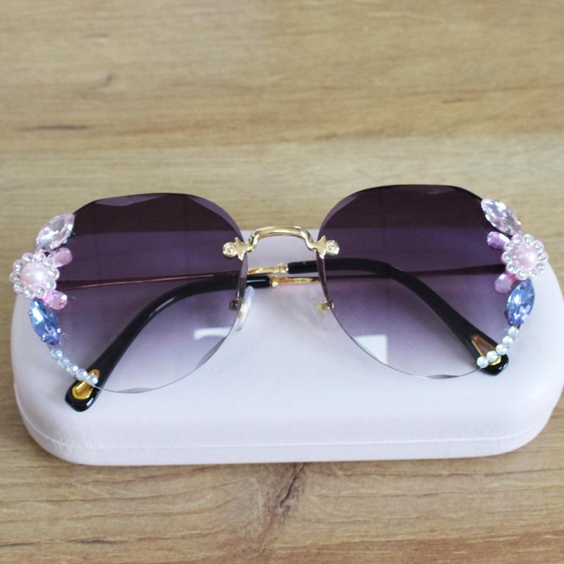 College Style Frameless Diamond-inlaid Sunglasses Women Round Face Big Face Slim Sunglasses Women Gradient