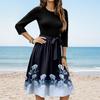Women's Fashion Casual Waistband Seven Sleeve Round Neck Floral Flowy Dresses