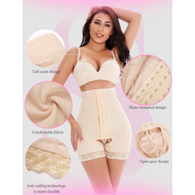 Shorts Moldeadores con Ganchos y Ojos de Cintura Alta, Control de Abdomen, Realzador de Cadera, Dobladillo de Encaje