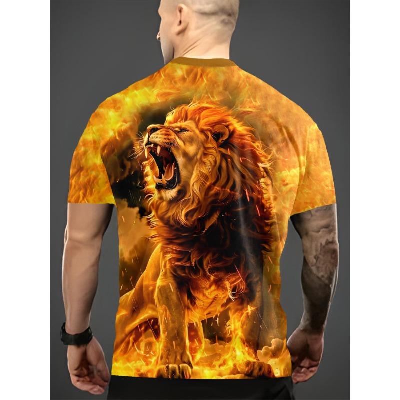 Men's Flame Lion 3D Printed T-Shirt Casual Short Sleeve Crewneck Top Cool Roaring Fire Animal King Graphic Tee Hip Hop Style Streetwear Fashion