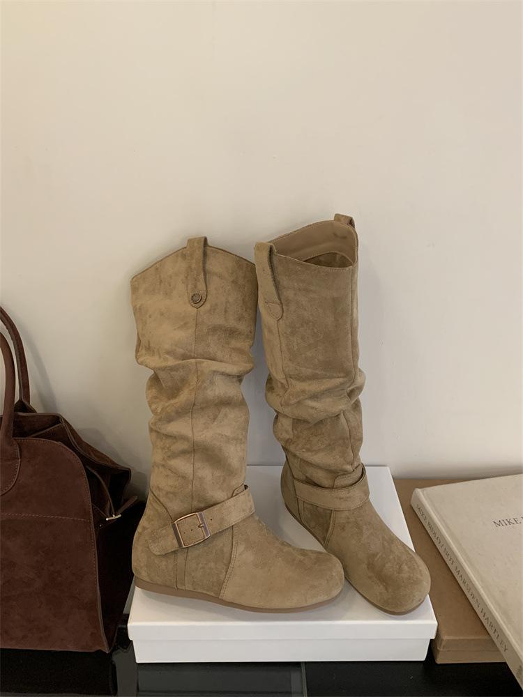 Miting retro inner heightening flat-bottomed western cowboy boots women's 2025 new matte suede low-heeled high boots