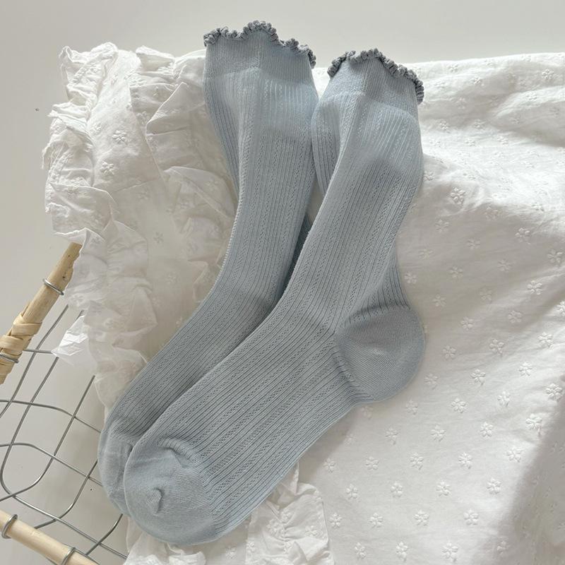 Women's White Ruffled Mesh Crew Socks - Breathable, Sweat-Absorbent, Solid Color, Trendy Summer Style