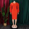 Long Sleeve Bodycon Dress Women Ruffles Sleeve Solid O Neck Package Hips Mid Calf Dress Clothes Robe