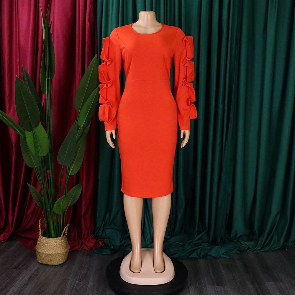 Long Sleeve Bodycon Dress Women Ruffles Sleeve Solid O Neck Package Hips Mid Calf Dress Clothes Robe