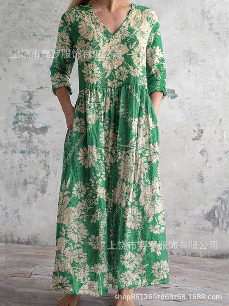 Damen Langarm V-Ausschnitt Maxi Kleid mit Streifenmuster, Knöchellanges Fließendes Kleid, Lässig Elegantes Kleid