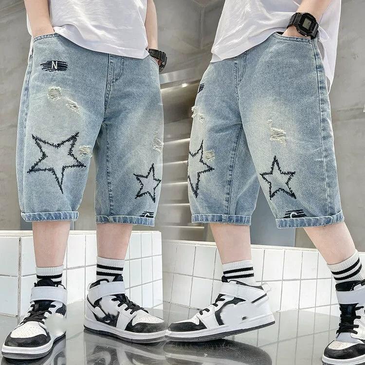 Boys Straight Denim Shorts Summer Children Casual Wide-leg Knee Length Pants Teenage Jean Short Trousers Kids Clothing 5-14 Year