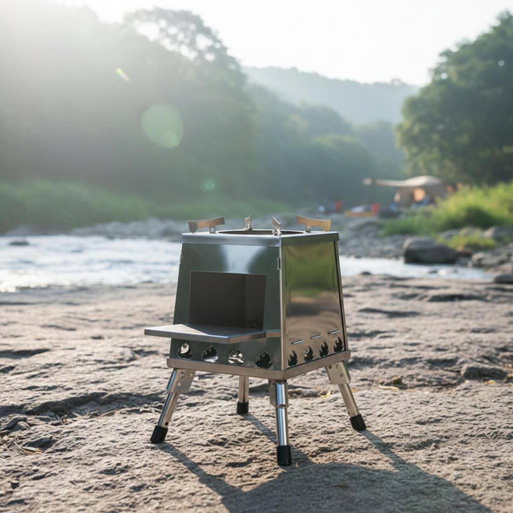 Square Firebox with Cooking Shelf Foldable Camping Folding Legs Ventilated