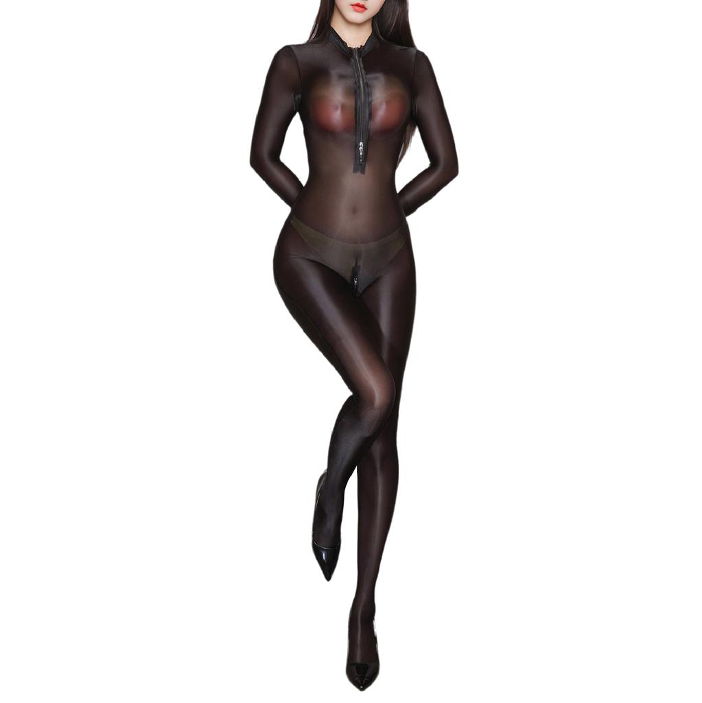 Women Sheer Lingerie Jumpsuit Long Sleeve Front Zipper Crotchless Design Glossy Silky Bodysuit Club Wear