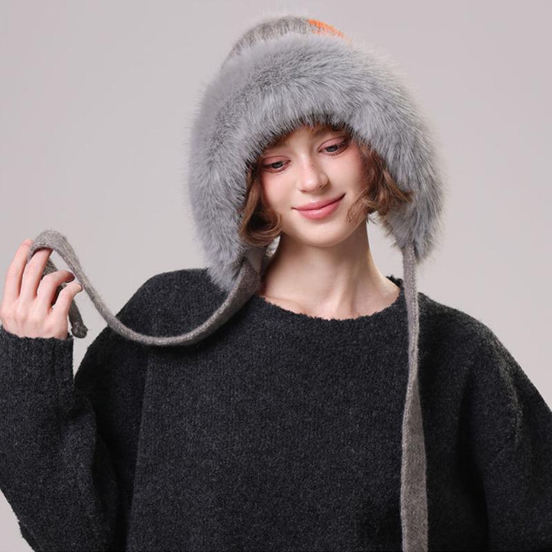 Women's Winter Retro Big Wool Collar Wool Hat Thick Ear Protection Knitted Hat