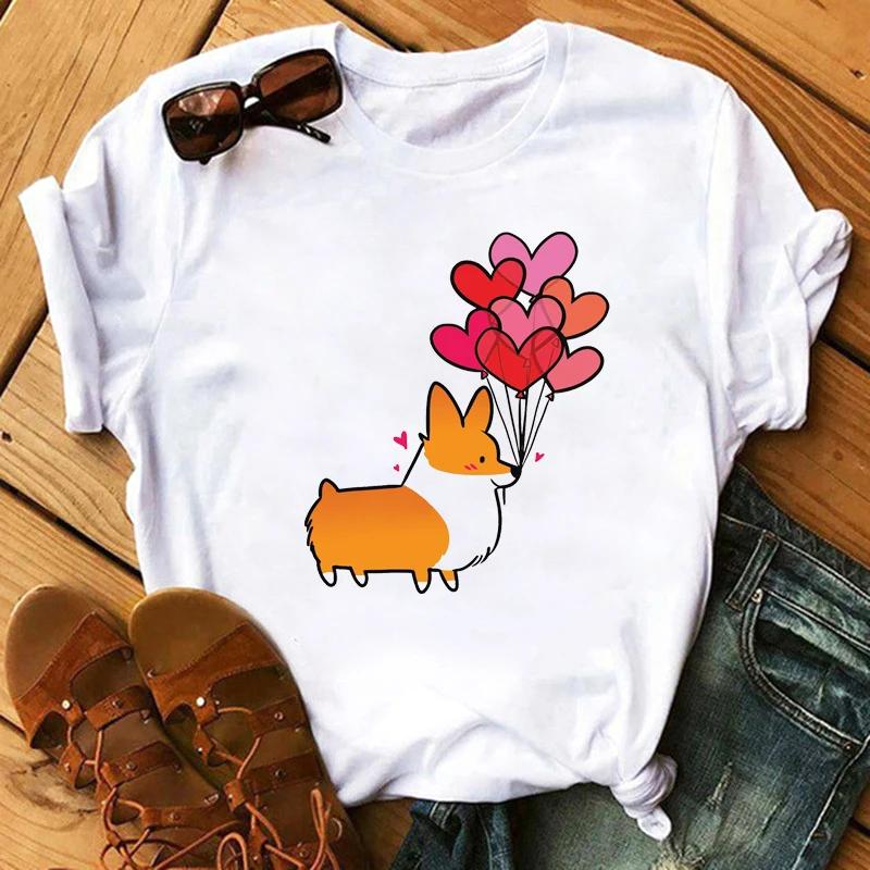 Maycaur Funny Cute Corgi Dog Printed TShirt Harajuku 90s Kawaii Women Short Sleeves T Shirts Tops Graphic Tees Female Tshirt
