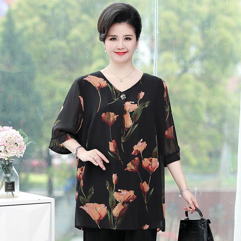Summer Women's Plus Size Blouse Half Sleeve V Neck T-Shirt Loose Printed Blouse