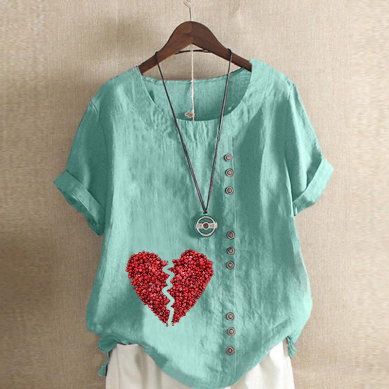 Women's Fashion Red Love Prined Short Sleeve T-shirt Loose Cotton Shirt Casual Loose Summer Blouse Tops Plus Size