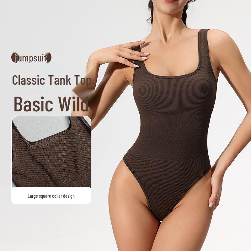 

Seamless Backless Sleeveless Square Neck Bodysuit for Women - European & American Fitness Style M брудно-білий