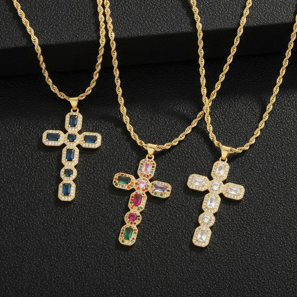 European and American Style Hip-hop Micro Inlaid Color Zirconium Cross Necklace for Women's Fashion Trend Electroplated Collarbone Chain Jewelry