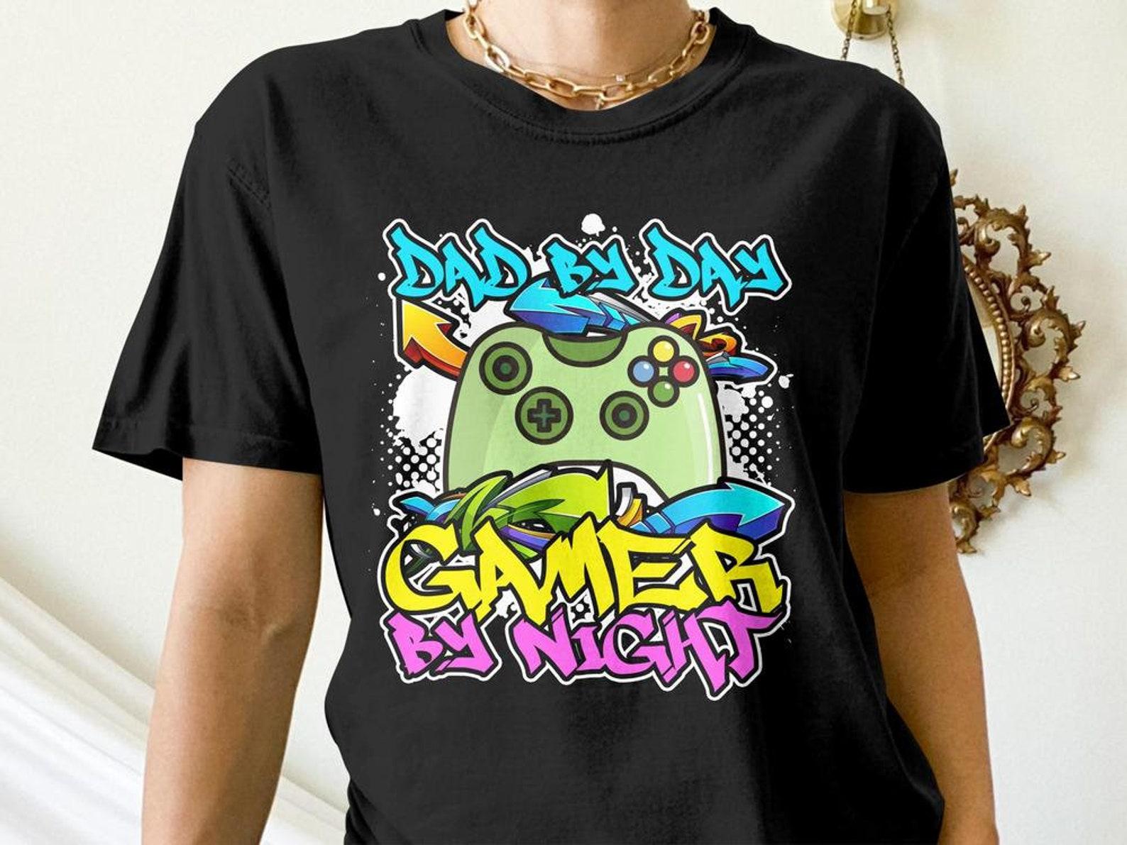Funny Gamer Shirt, Dad by Day, Gamer by Night, Funny Gaming Gift, Video Game Graffiti Tees S