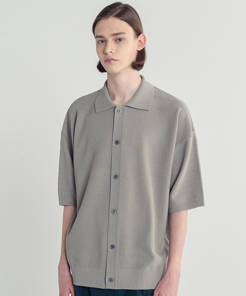 Blond9 Cotton Collared Short Sleeve Knit Cardigan_Sand Gray