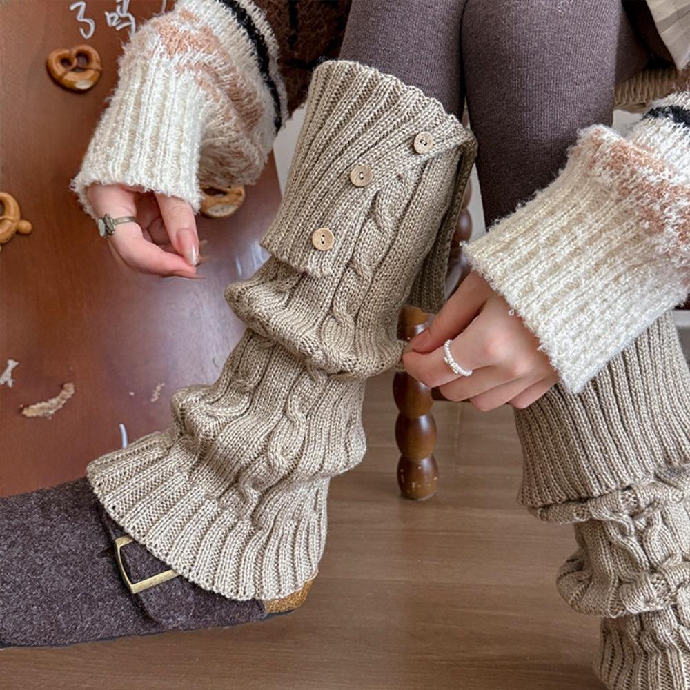 New Button Leg Warmers Twist Wool Boot Cuff Maillard Color Crochet Design Long Leggings Girls