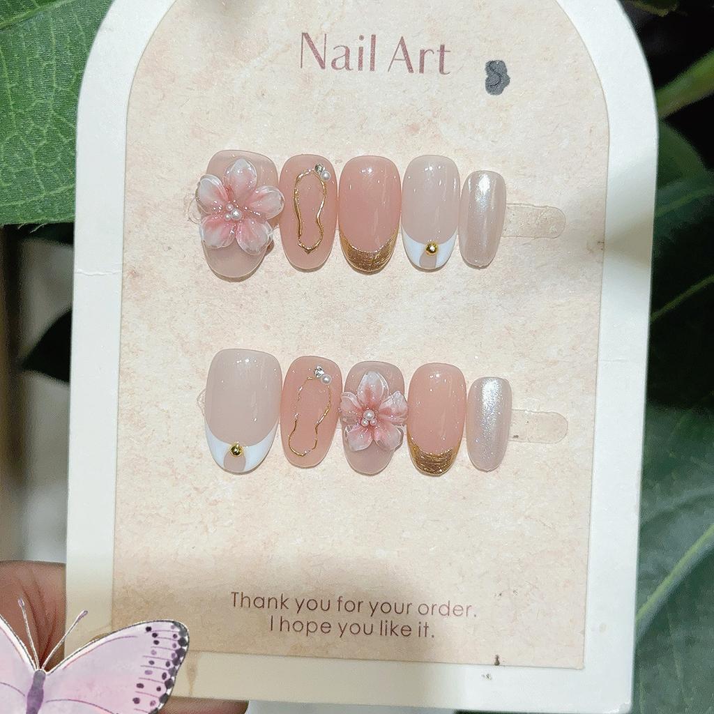 10Pcs French Almond Handmade 3D Flower Press On Nails Reusable Stick On False Nails